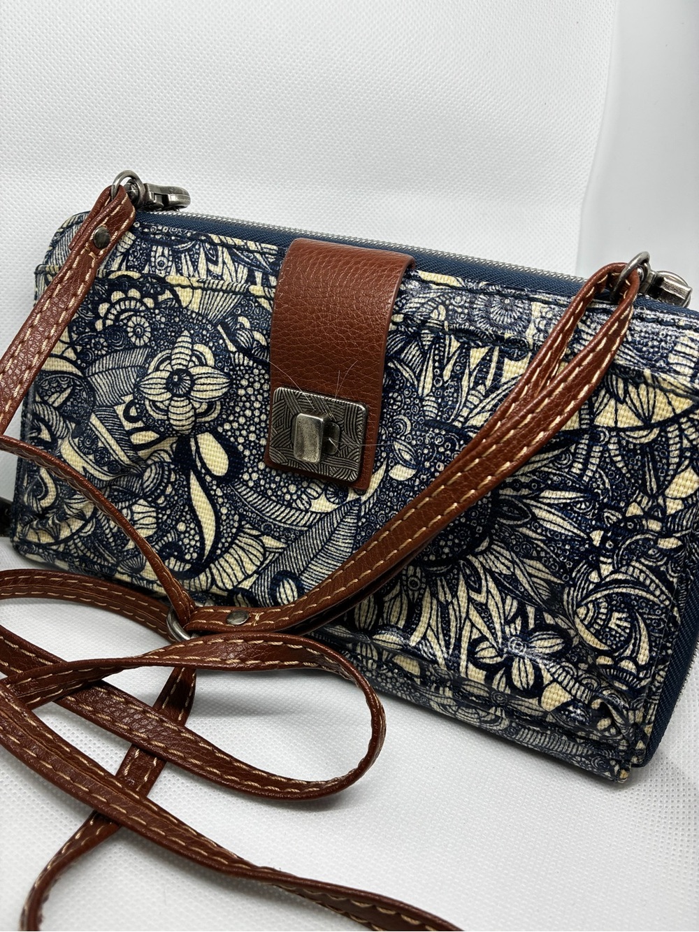 Sakroots Navy Floral Crossbody Wallet with Brown Trim and Strap